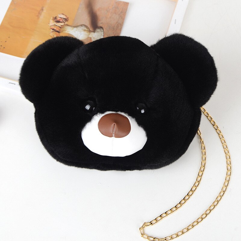 Women Plush Hairy Bag Female Cute Chain Shoulder Messenger Bag Girl Doll Cat Bear Head Bag: 08