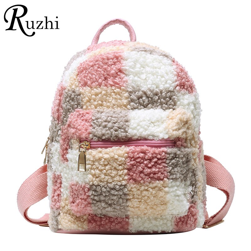 Borsa a spalla piccola in pelliccia sintetica reticolata Mini zaino da donna in peluche a contrasto di colore borsa da donna pelosa scozzese carina per ragazze 2021 regali