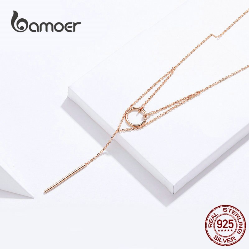 Bamoer Doppi Strati Geometrica Collana Girocollo per Le Donne Autentico 925 Argento Sterlina in Oro Rosa di colore Gioelleria Raffinata E Alla Moda BSN078
