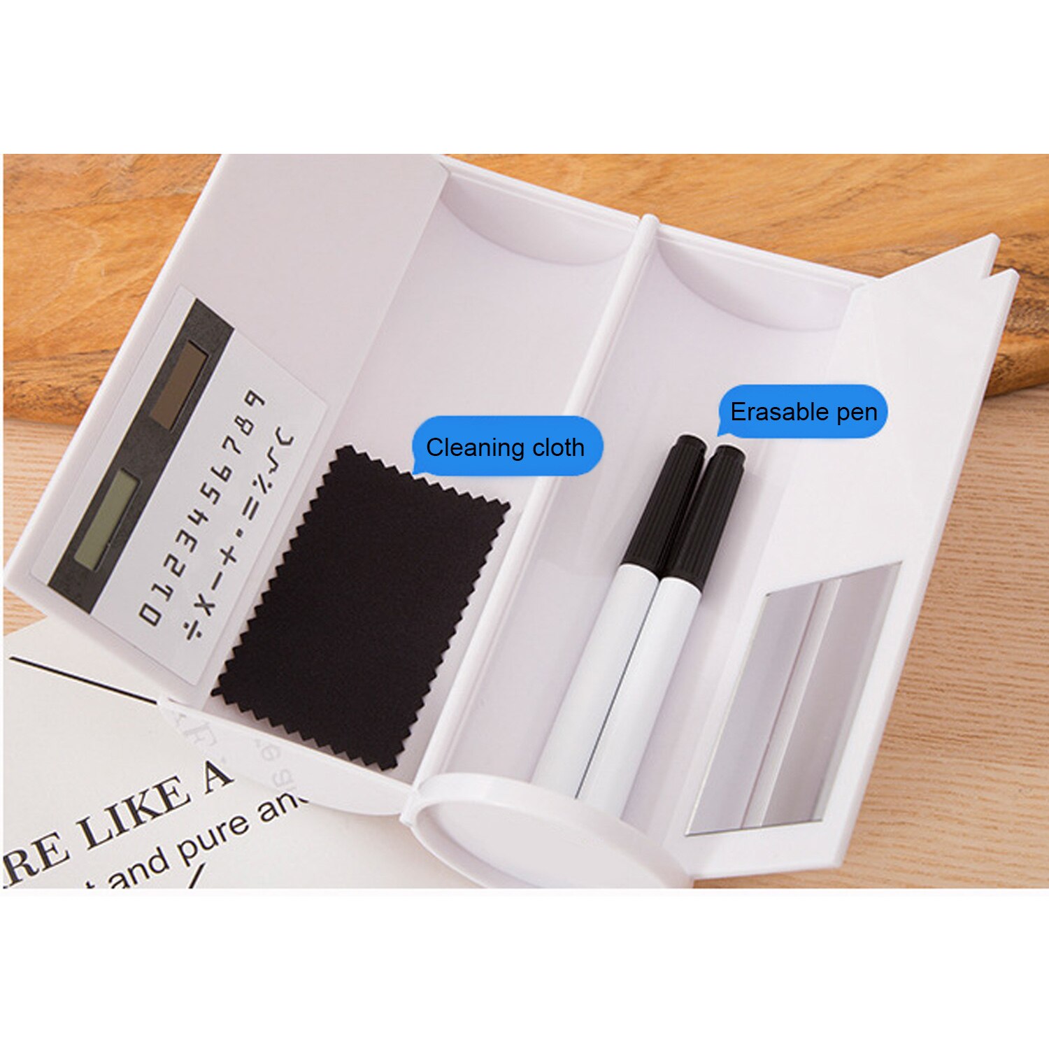 Kawaii Cartoon Plastic Double Layers Whiteboard Pencil Pen Case Box with Solar Calculator and Mirror for Students Children Girls