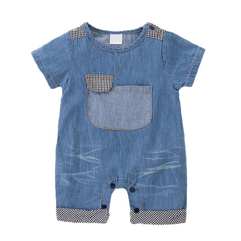 Spædbarn baby dreng denim bukser sød cowboy slips korte ærmer bukser med lomme børn drenge jumpsuit nyfødt tøj 34: -en / 9m