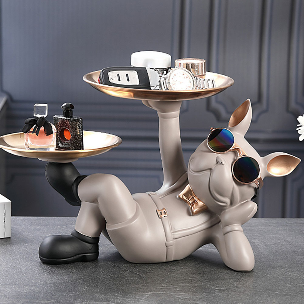 Estatua de perro de resina para decoración de sala de estar, escultura de perro, bandeja de mesa, adornos, estatuilla de Bulldog Francés para decoración de escritorio Interior del hogar