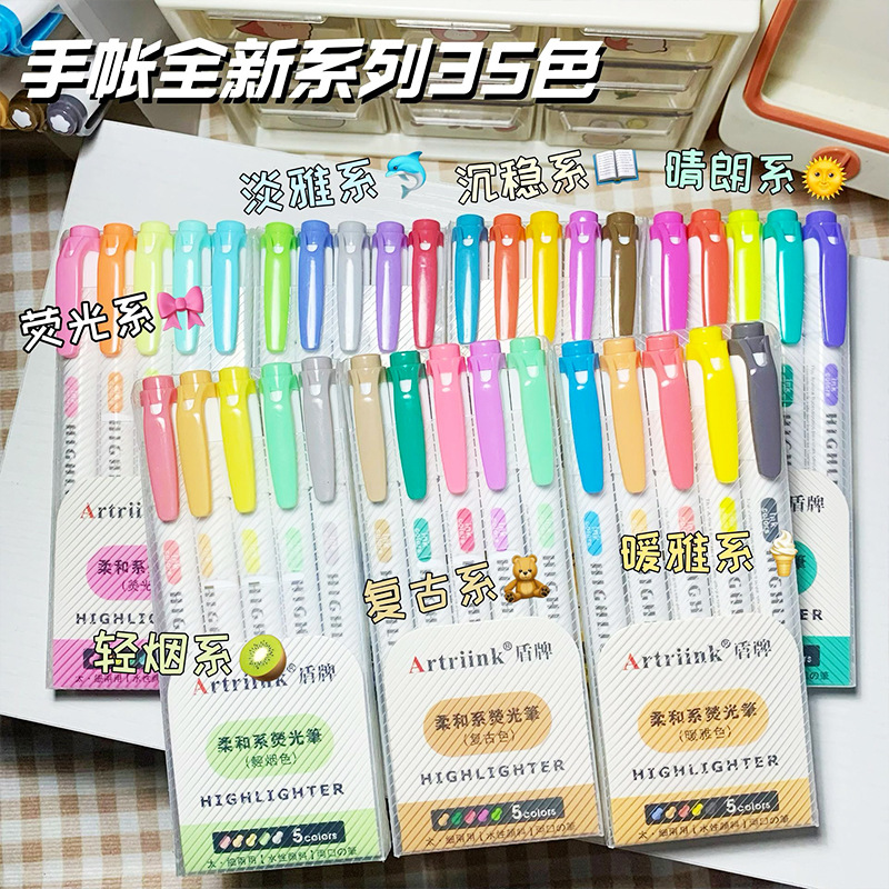 5 culori/cutie evidențiator cu două capete, markere fluorescente pentru desen, pixuri evidențiatoare, artă japoneză drăguță, stilou pastel, papetărie