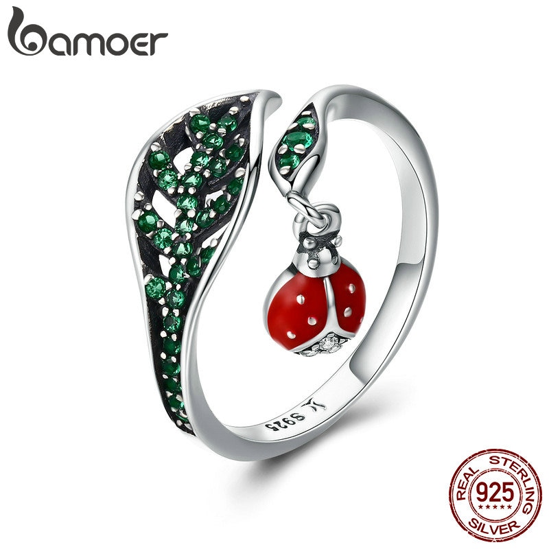 Bamoer 925 Sterling Zilveren Rusten Lieveheersbeestje Dangle In Boom Bladeren Vinger Ringen Voor Vrouwen Sterling Zilveren Sieraden SCR310