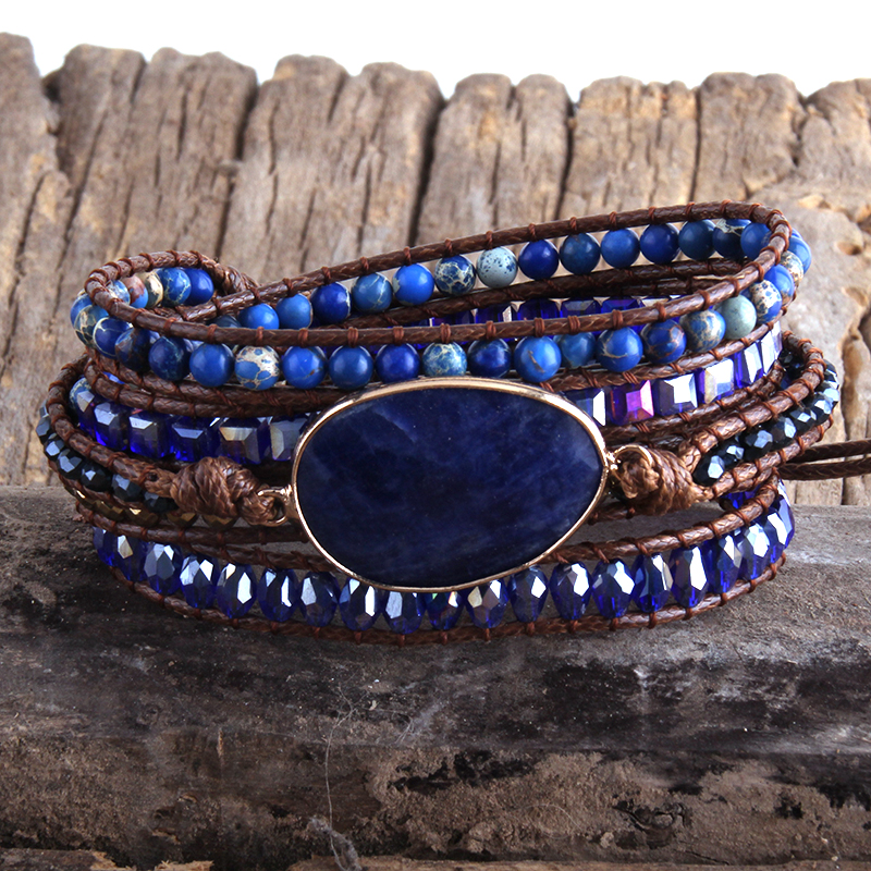 Rh Mode Lederen Boho Armbander Groene Gemengde Natuurlijke Stenen Charm 5 Strengen Kralen Wrap Armbanden: dark blue