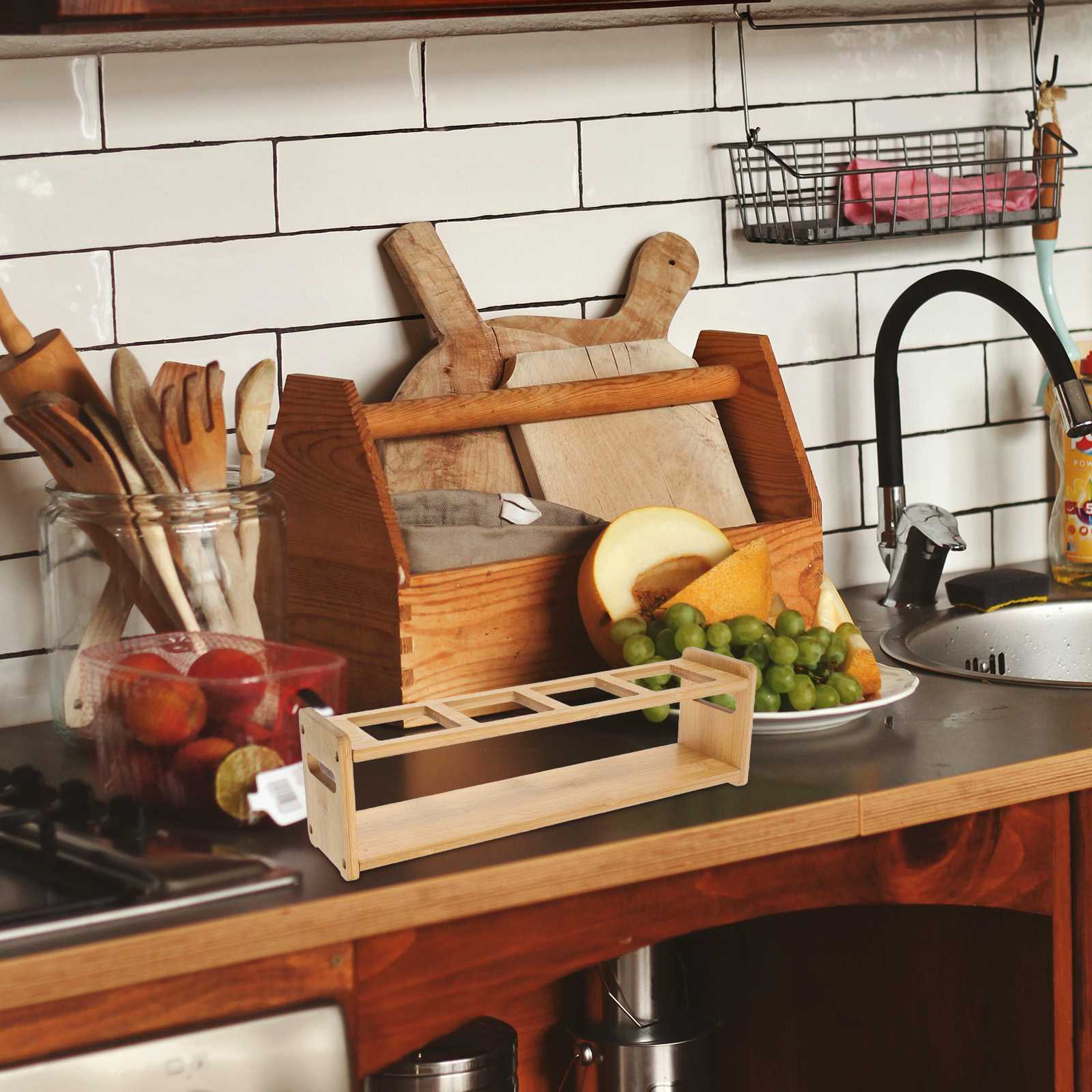 Spice Bottle Storage Rack Bottles Condiment Holder Organizer Seasoning Wooden Kitchen