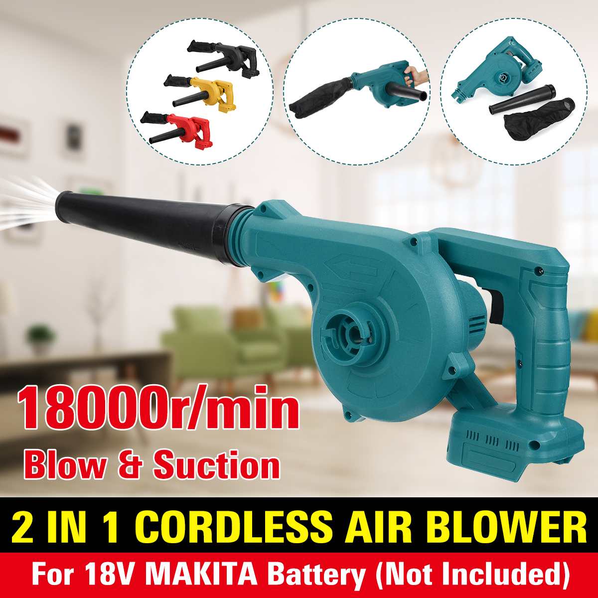 2 IN 1 Cordless Electric Air Blower Vacuum Leaf Computer Dust Collector Cleaner Power Tool for 18V Makita Battery 18000r/min