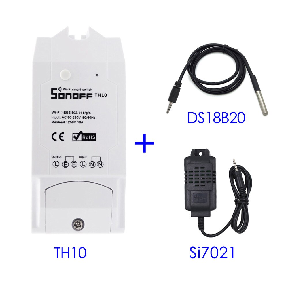 Sonoff-interruptor inteligente TH16 TH10 con Wifi, 16A, 10A, Sensor de monitoreo de temperatura y humedad, Automatización del hogar inteligente: TH10 DS18B20 Si7021