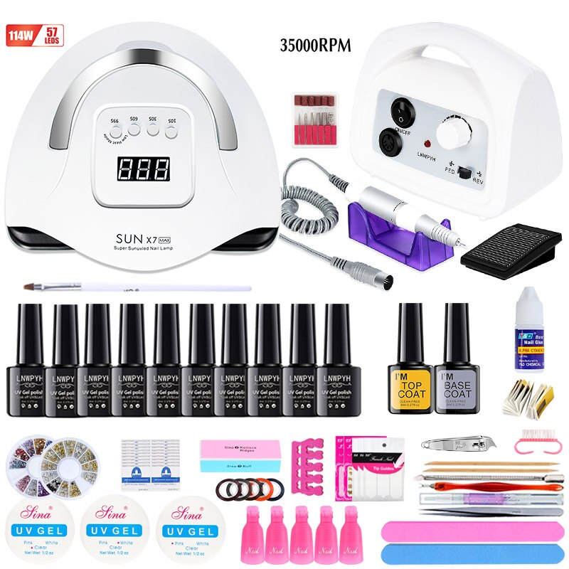 Manicure Set and Electric Nail Drill Machine with 114W UV Led Nail Lamp Drying Nail Set 30/20/18/10 Colors UV Nail Polish Kit: 114w 10 colors white