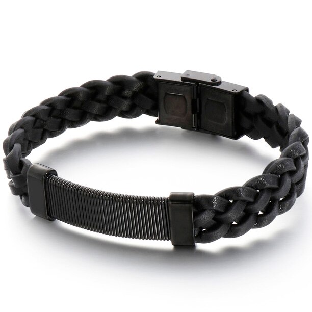 Vintage sieraden, gouden roestvrijstalen polsbandjes voor jongens, 13mm brede gevlochten leren armbanden voor mannen, zwarte armbanden: Zwarte kleur