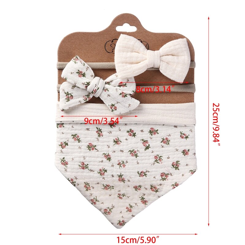 3Pcs/Set Cotton Baby Bib Bow Headband Adjustable Button Triangle Saliva Towel G99C