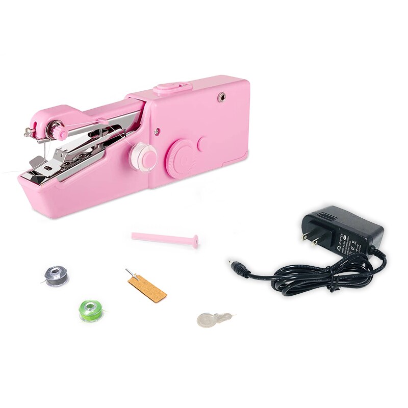 Handheld Sewing Machine Portable Mini Small Stapler Hand Sewing Machine Handy Stitch Cordless Lightweight for Thin Fabric: Pink w US plug