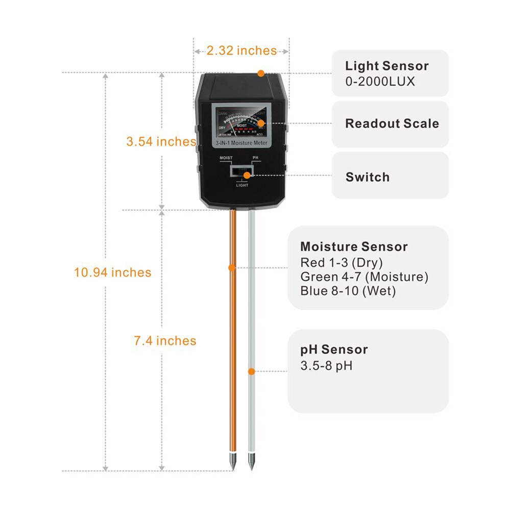 3-in-1 Boden ph-Meter Feuchtigkeit Tester drinnen Pflanzen Garten Rasen Licht Sensor