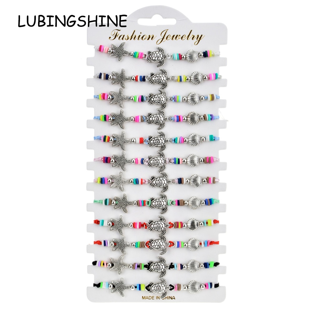 Conjunto de pulseras trenzadas con dijes de elefante para hombre y mujer, pulsera con cadena de cuerda ajustable, estrella de concha, joyería para Yoga, 12 unids/lote