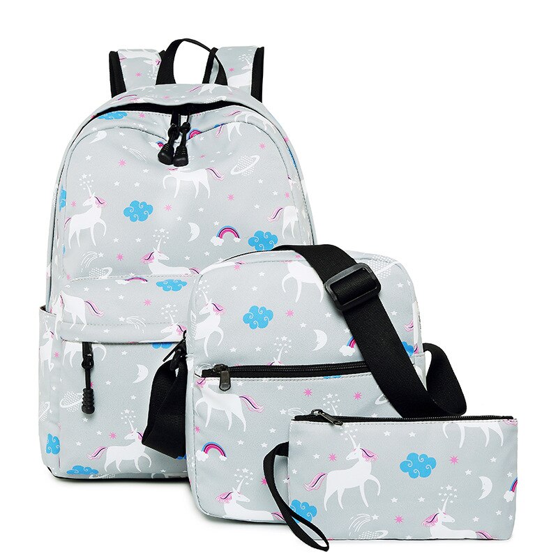 DIOMO unicorn backpack female women school bags set for girl teenagers satchel female animal bagpack kids crossbody bag child: light grey