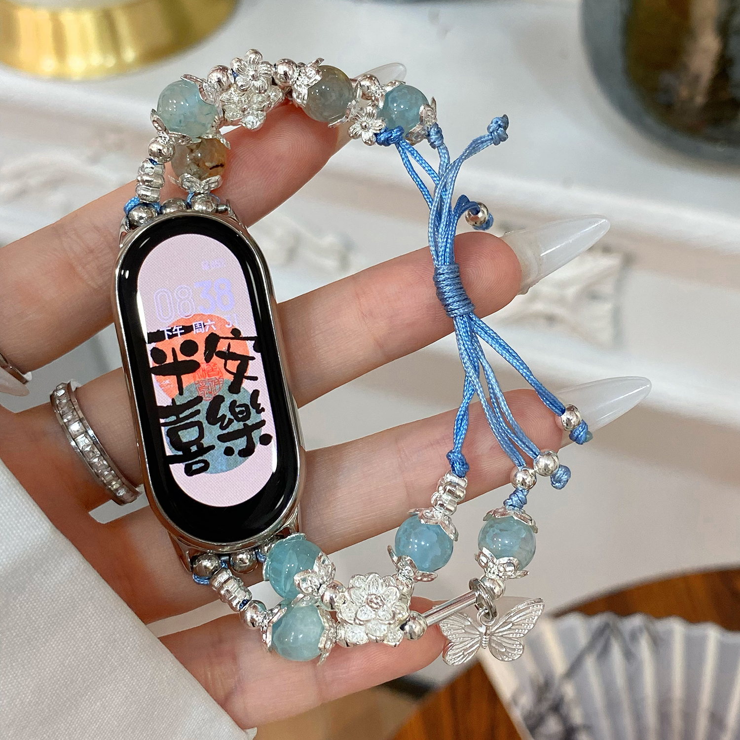 For xiaomi mi Band 8 straps Mi3 4 6 5 7 Model transparent PC watch frame Chinese bow beaded strap Mi8 9 Metal connector: XXXXXL / Rose Pink  
