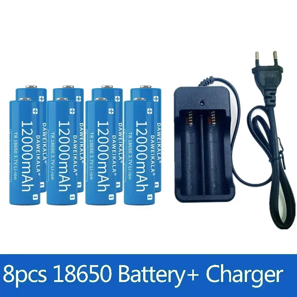 3,7 V, 18650, 12000mAh capacidad, batería recargable iones litio para linterna, batería antorcha + cargador: Blue