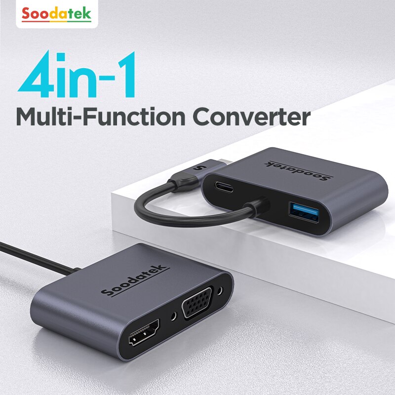 Soodatek hub USB-C multifuncional adaptador 4in-1 hdmi 4k vga rj45 multi usb 3.0 pd dock station