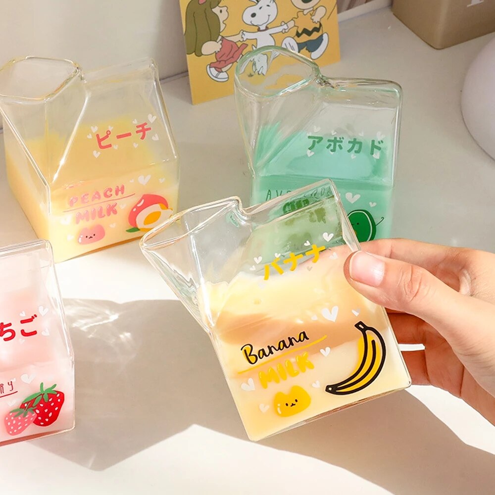 Glas Milchkännchen Kasten Hitzebeständige Karikatur Mini Platz Milch Karton Container Tasse 380ml Wasser Tasse Kawaii Becher Kawaii Flasche