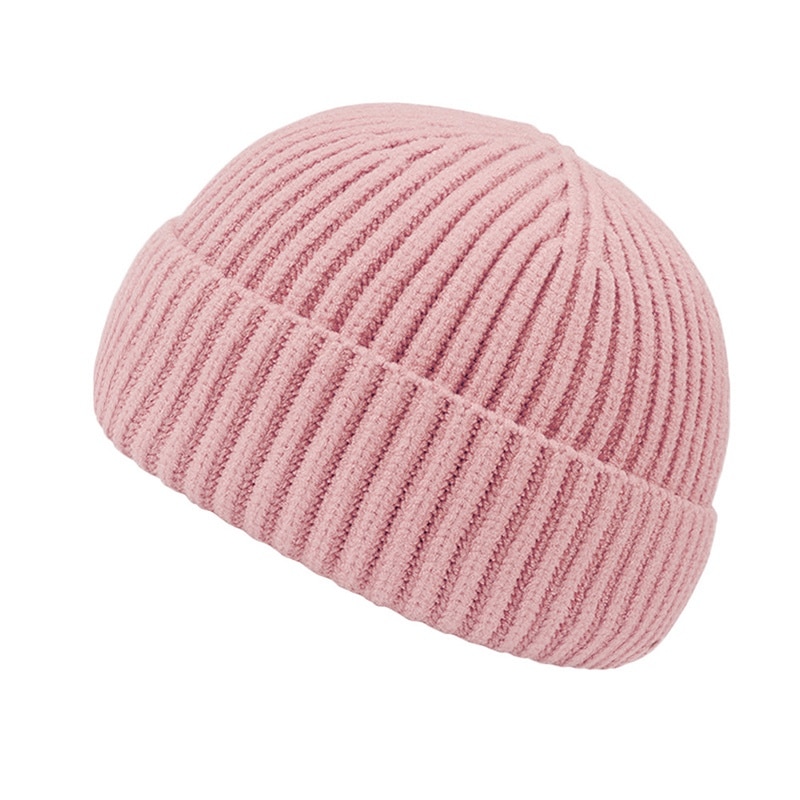Unisex skullies mössa vinter mössor varma enfärgade stickade mössor casual manlig kort melon mössa utomhus herr mössa motorhuv: Rosa