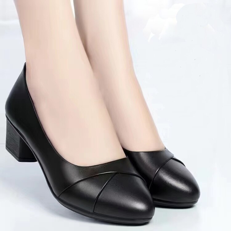 Escarpins souples à talons bas pour femmes, chaussures simples confortables à semelles souples, sandales pour mères d&#39;âge moyen, chaussures de travail à mi-talon, 2022: black 2 with box / 35