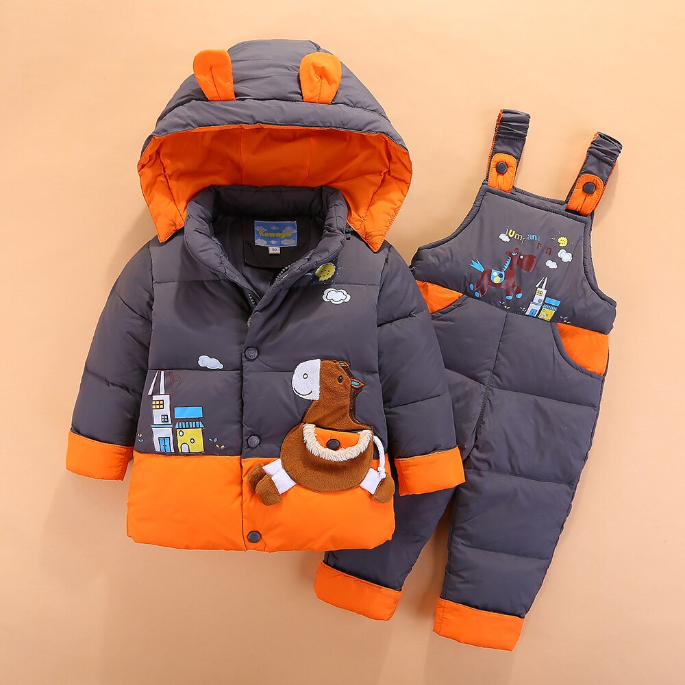 Inverno Dei Bambini Set Abbigliamento Per Bambini Anatra Imbottiture Giacca Per Le Ragazze Dei Ragazzi 2-3-4Yrs Pantaloni Tuta + giacca con cappuccio Per Il russo Freddo