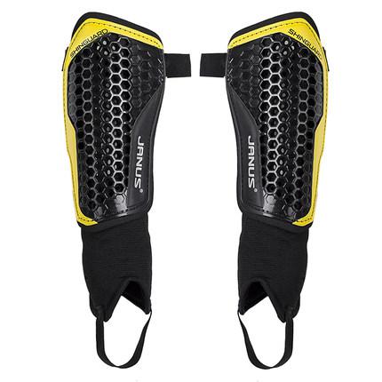 Janus fodbold skinnebeskytter dobbeltlag fodbold træning ben beskyttelsespuder fortykning sports leggings støtte med ankelbeskyttelse: Sort gul plus / L