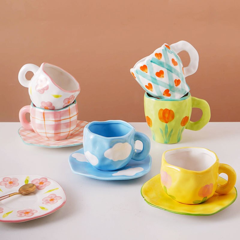 Hand Painted Cloud Coffee Cup and Saucer Handmade Irregular Ceramic Cup With Saucer Tulip Flower Tea Milk Mug Tableware