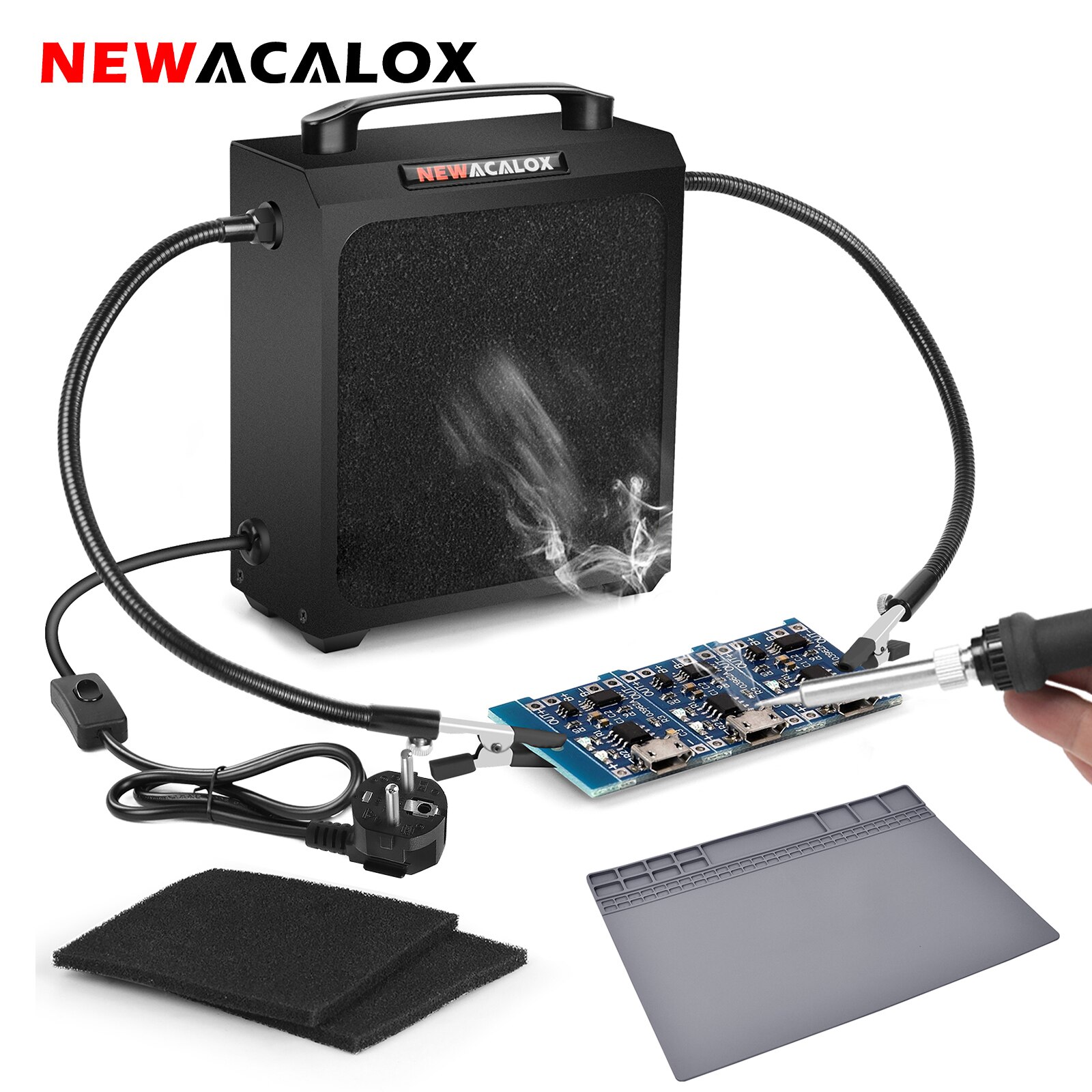 NEWACALOX EU/US 30W Solder Smoke Absorber Remover with 2Pcs Flexible Arms Helping Hands Welding DIY Working Fan for Soldering