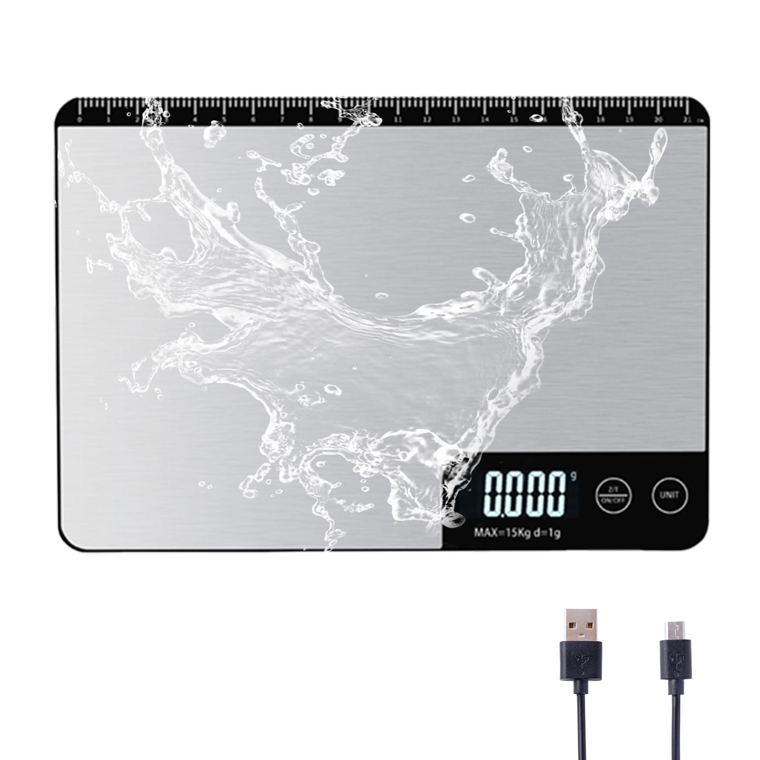 Madvægt 33lb/15kg digital køkkenvægt til mad, ounces og gram, madlavning, bagning, 1g/0.1oz præcise grader, usb-genopladelig: Sort
