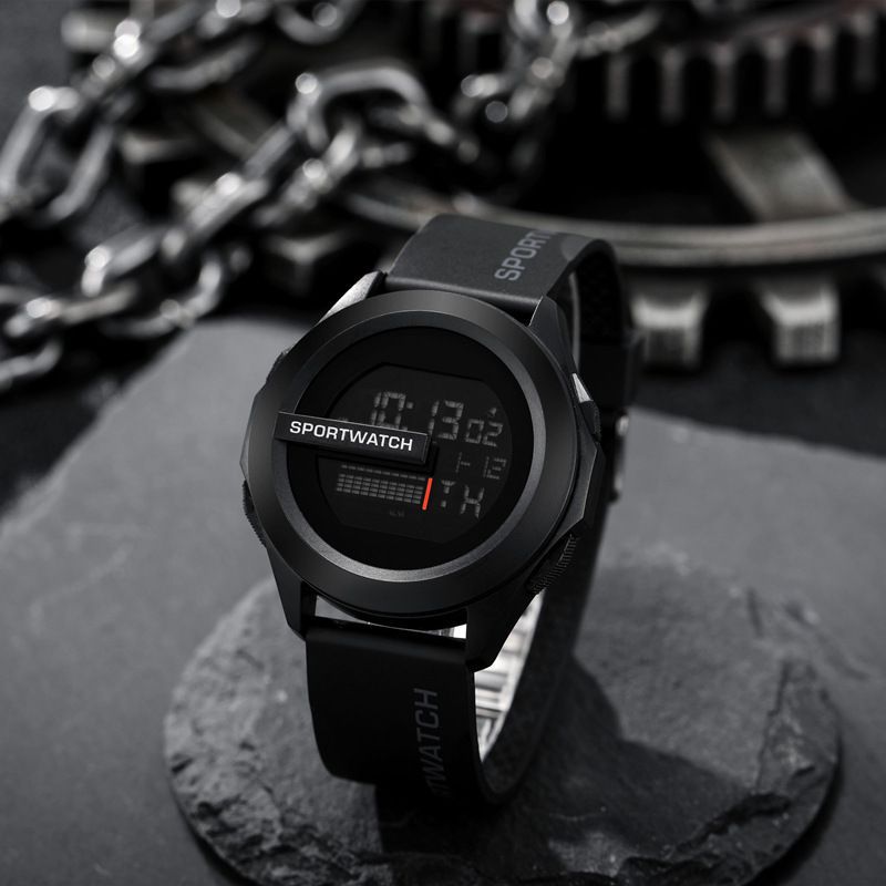 Reloj electrónico multifuncional, reloj electrónico luminoso con esfera grande para hombre: Negro