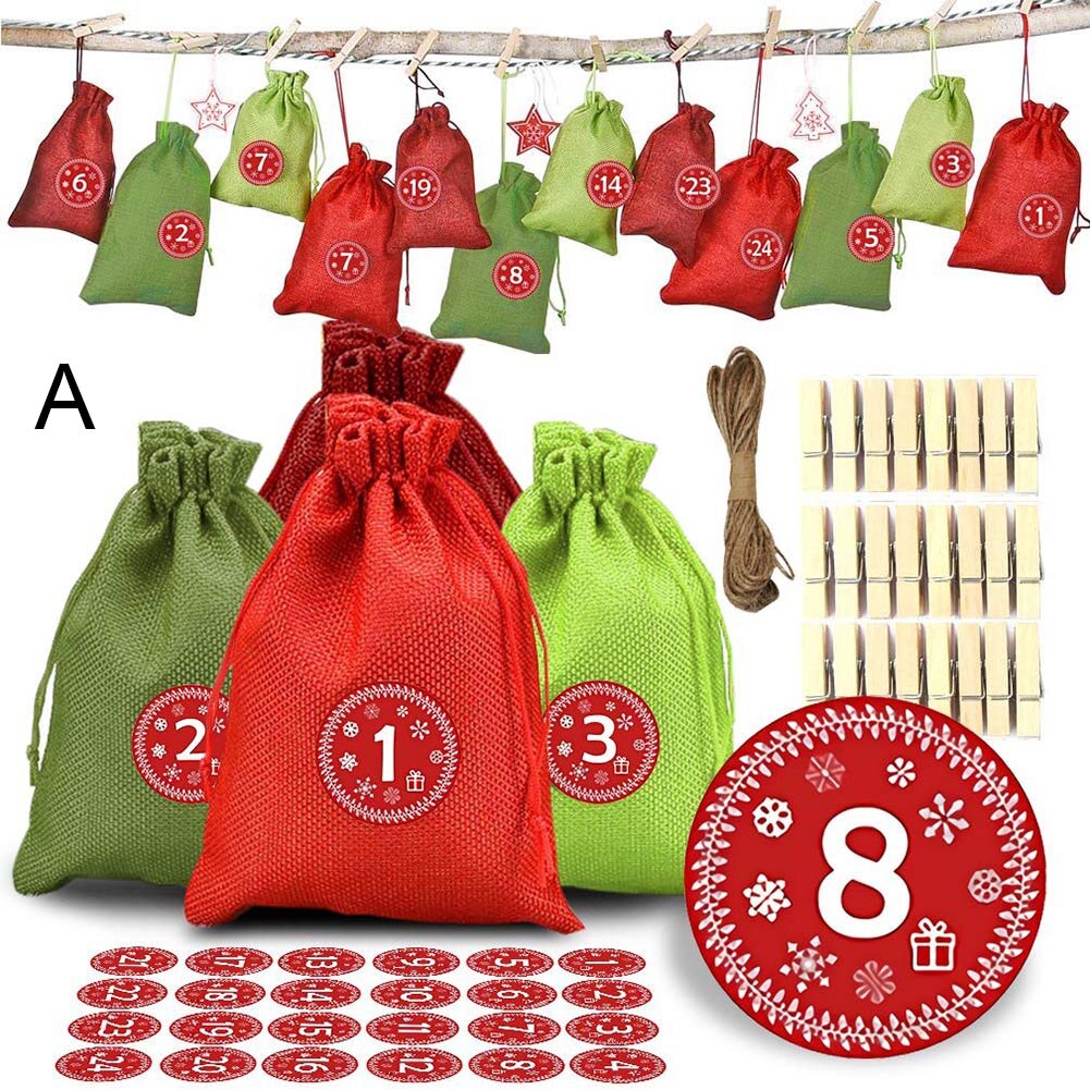 Advent Calendar Bags Set 24 Filling Fabric with Number Labels for DIY Christmas Decor DC120