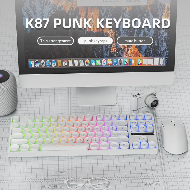 Komputerowe klawiatury przewodowe 87 klawiszy punk Keycap Ciche pisanie Podświetlana RGB biurowa multimedialna klawiatura robić gier dla okna laptop PC prochowiec