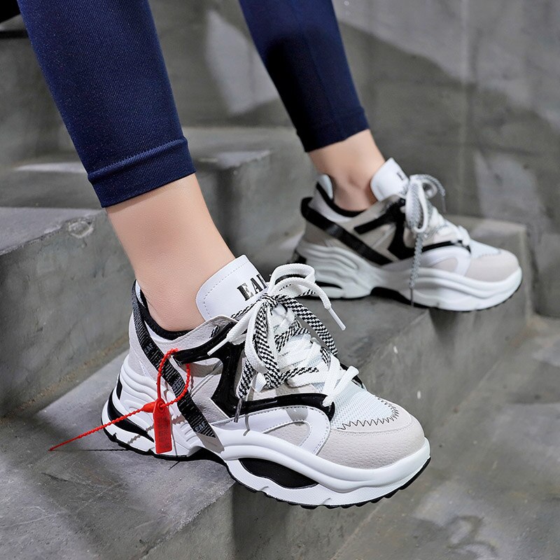 Women's Platform Sneakers - 6cm Height Increasing - Colored Ribbons - Lightweight Running Shoes: White / 36