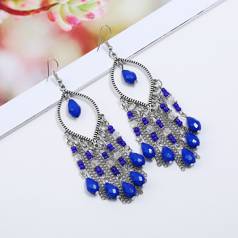 Boho Colorful Resin Beads Tassel Dangle Earrings for Women Long Bohemia Acrylic Earrings Jewelry Accessories: E1591-Sapphire