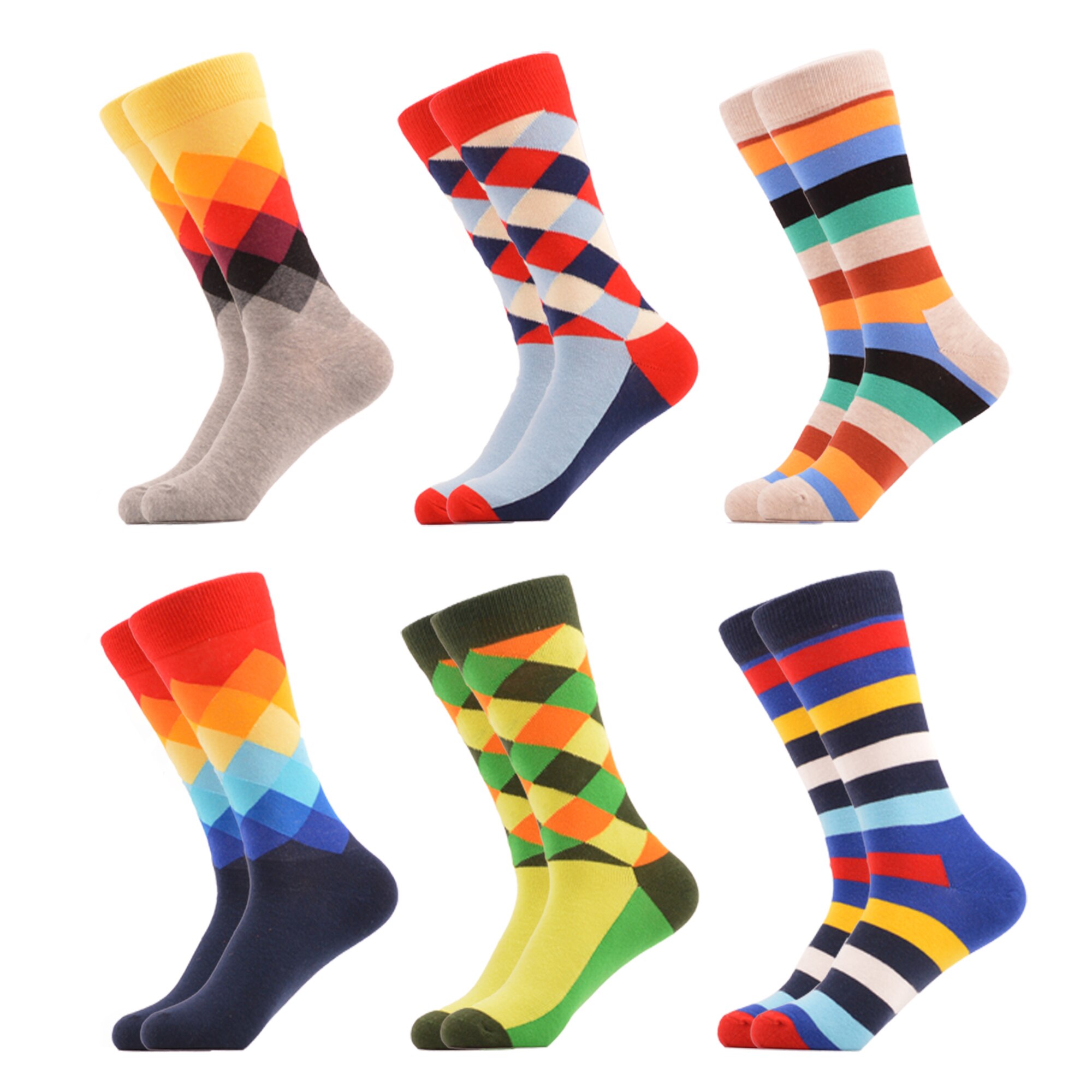 SANZETTI-chaussettes pour hommes, style Hip Hop, en coton peigné, haute couleur, nouveauté, Skateboard, motif géométrique, motif Harajuku,: 05752 (6 pairs)