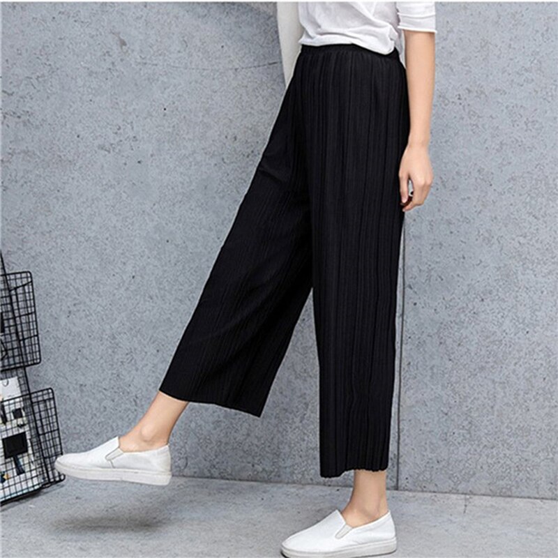 Vouw Geplooide Broek Vrouwen Broek Voor Vrouwen Bottoms Lente Zomer Casual Broek Midden Taille Wijde Pijpen Broek Vrouwelijke Pantalon mujer: black
