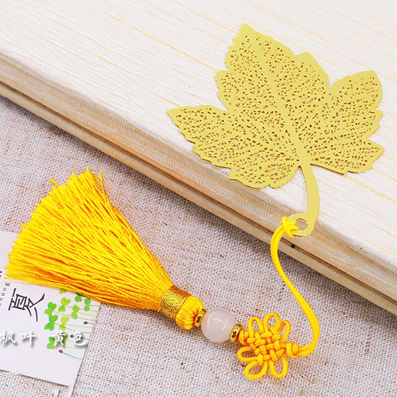Retro Metal Brass Maple Leaf Chinese Knot Tassel Bookmark Student School Stationery for Children Papelaria