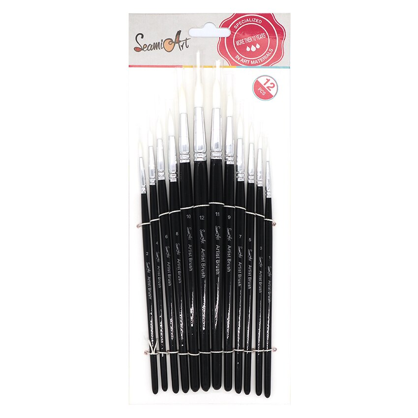 SeamiArt-Juego de pinceles de pintura, 12 Uds., diferentes tamaños, punta redonda, pelo de nailon, mano de madera, pincel de acuarela para suministros de pintura: Black
