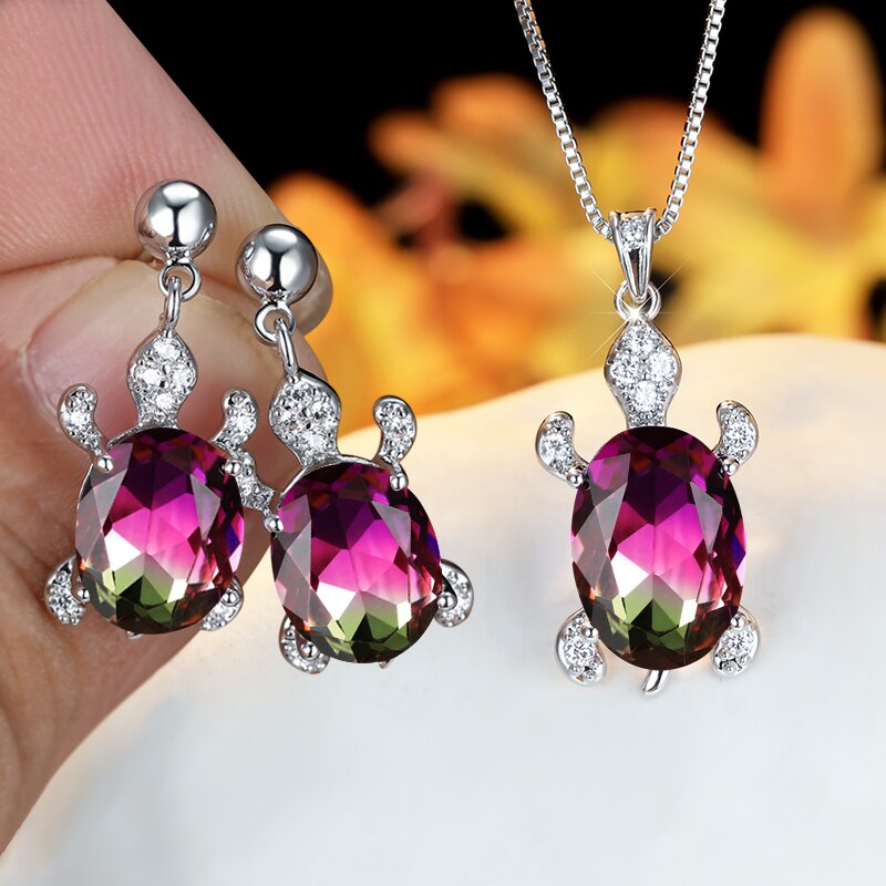 Regenboog Opaal Grote Ovale Steen Zee Schildpad Sieraden Sets Multicolor Crystal Tortoise Kettingen Oorbellen Voor Vrouwen Wedding Bridal Sets: Rose Red Yellow