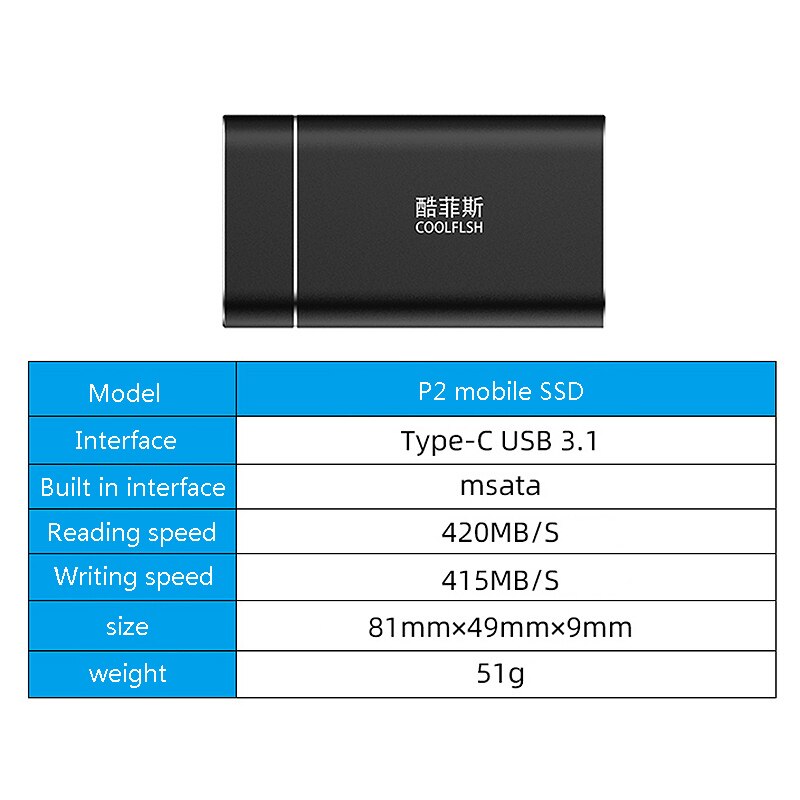 Disque dur externe COOLFISH NGFF 256 go SSD Type C 3.1 Mini disque dur SSD/disque dur Mobile pour Windows/Android/MAC Os