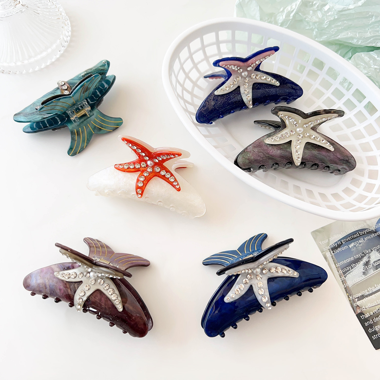 DuoShang Summer Rhinestone Starfish Hair Claw Acrylic Claw Clips Beach Ocean Series Crab Hair Clips for Women Hair Accessories