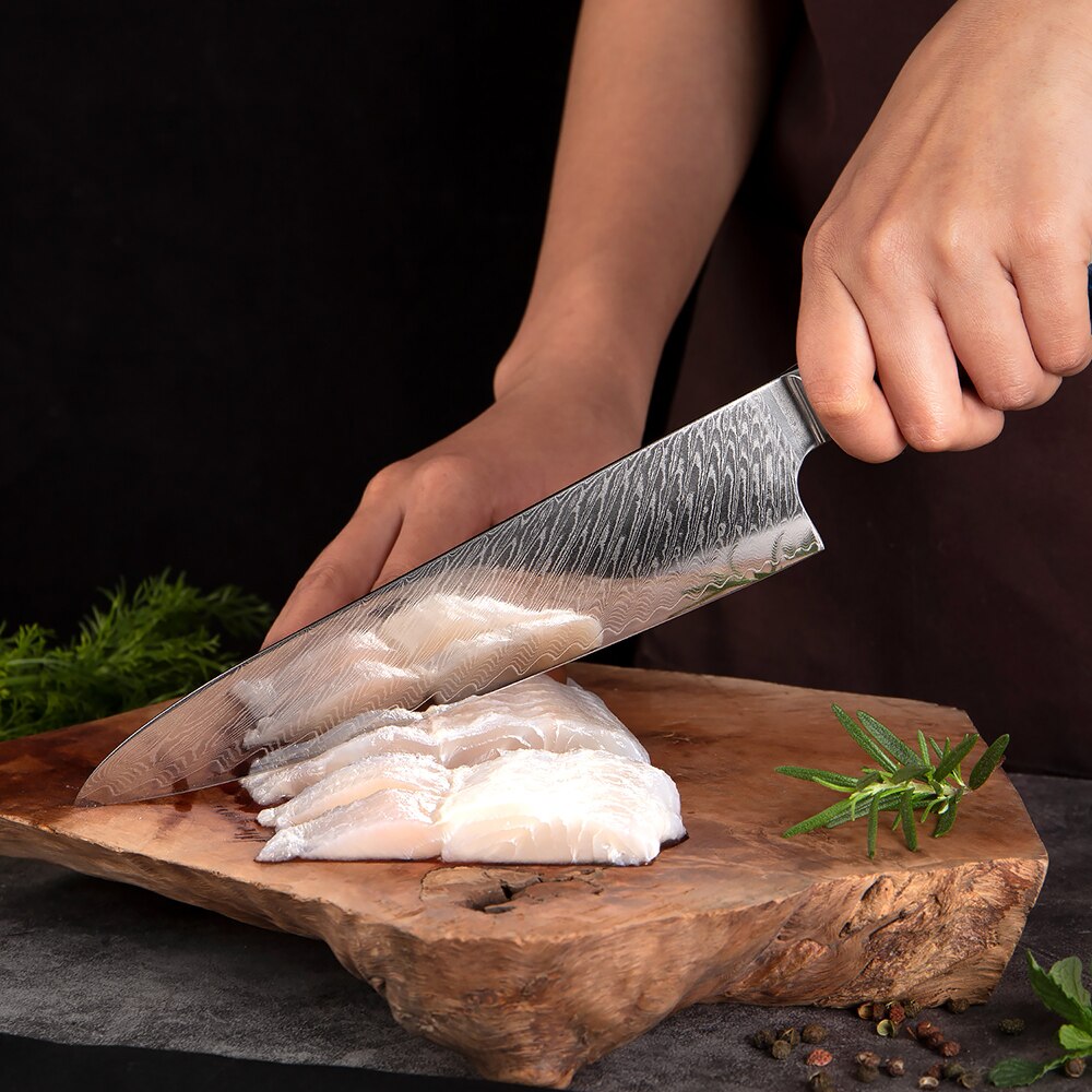 XITUO-Juego de cuchillos de cocina de acero damasco, 67 capas, afilados, duraderos, cuchillo de corte multifuncional, mango de panal de resina azul