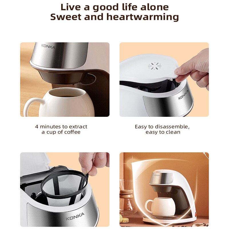 Household American Drip Coffee Machine Automatic Kitchen Appliance Coffee Maker 300ML Cafeter Cappuccino Milk Frother Coffee Pot