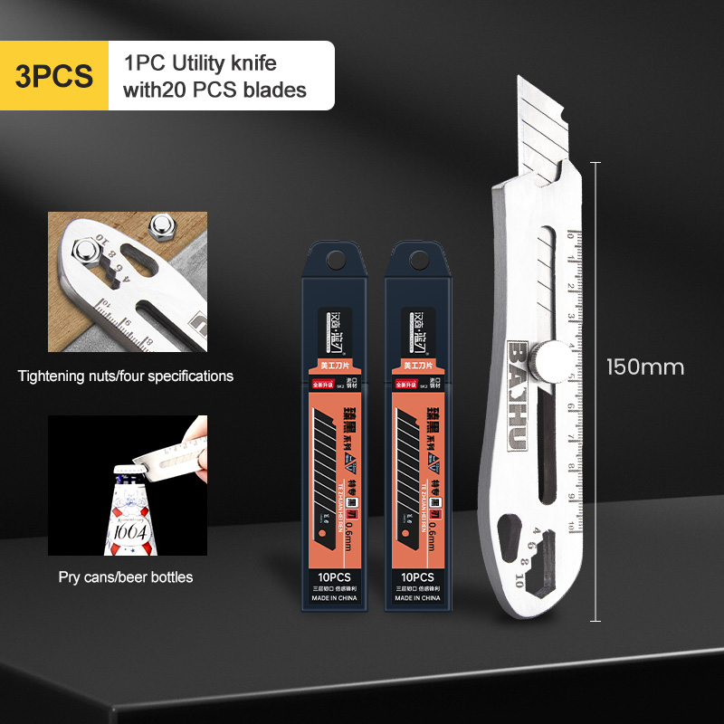 6 in 1 Stainless Steel Utility Knife Multi-Function Opener Retractable Box Cutter Portable Office Home Courier Unboxing Knifes