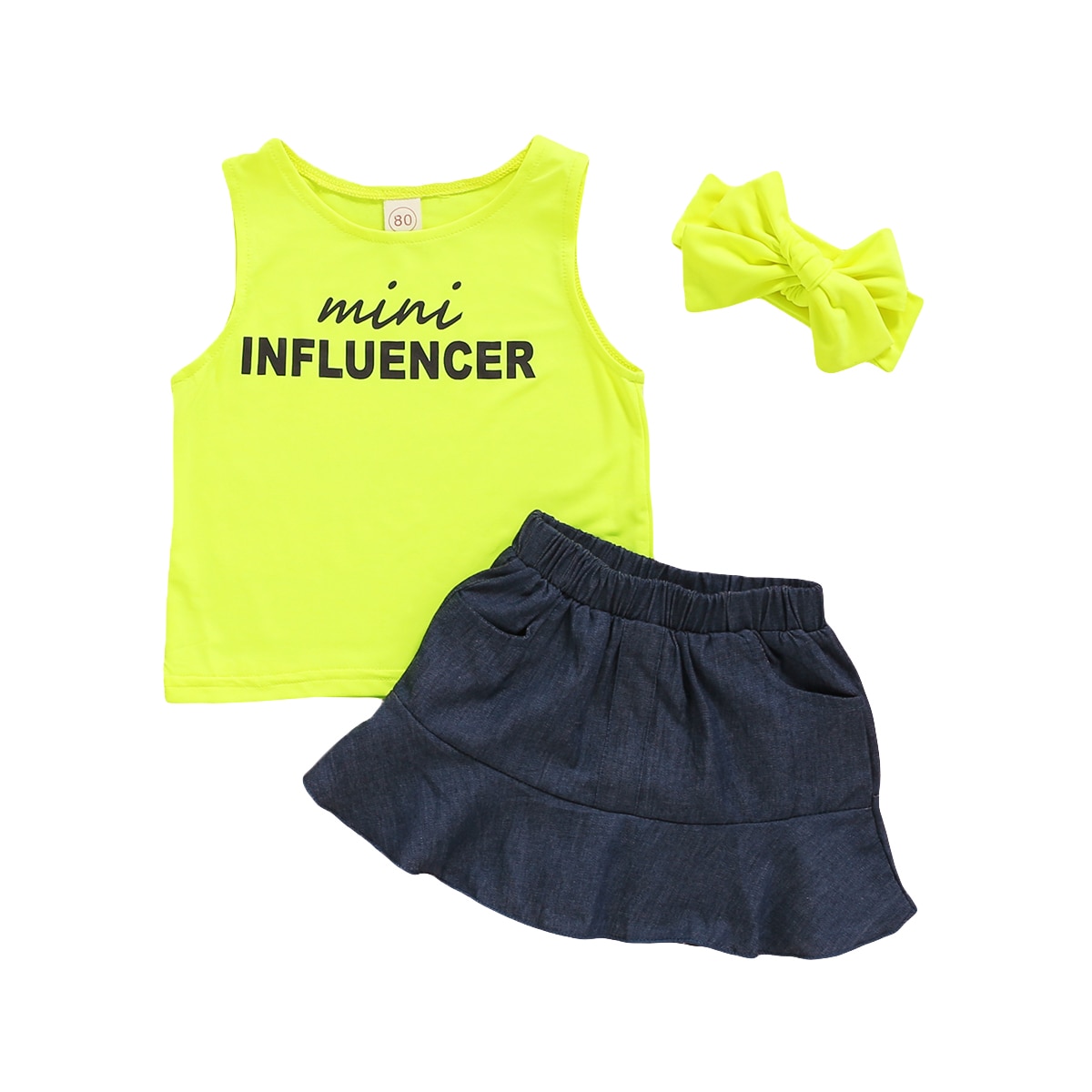 Baby zomerkleding 0-5t baby meisjes kledingsets fluorescerend groen vestje tops denim rok hoofdband 3 stuks outfits