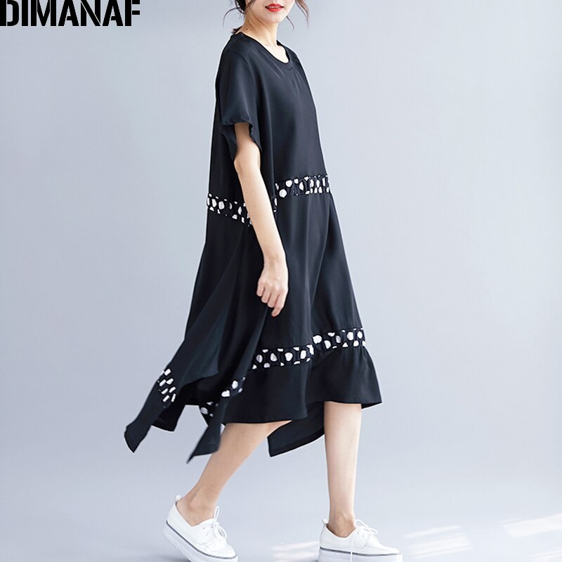Dimanaf verão feminino plus size vestido de impressão ponto preto emendado casual feminino vestidos moda tamanho grande vestido solto a linha 2020