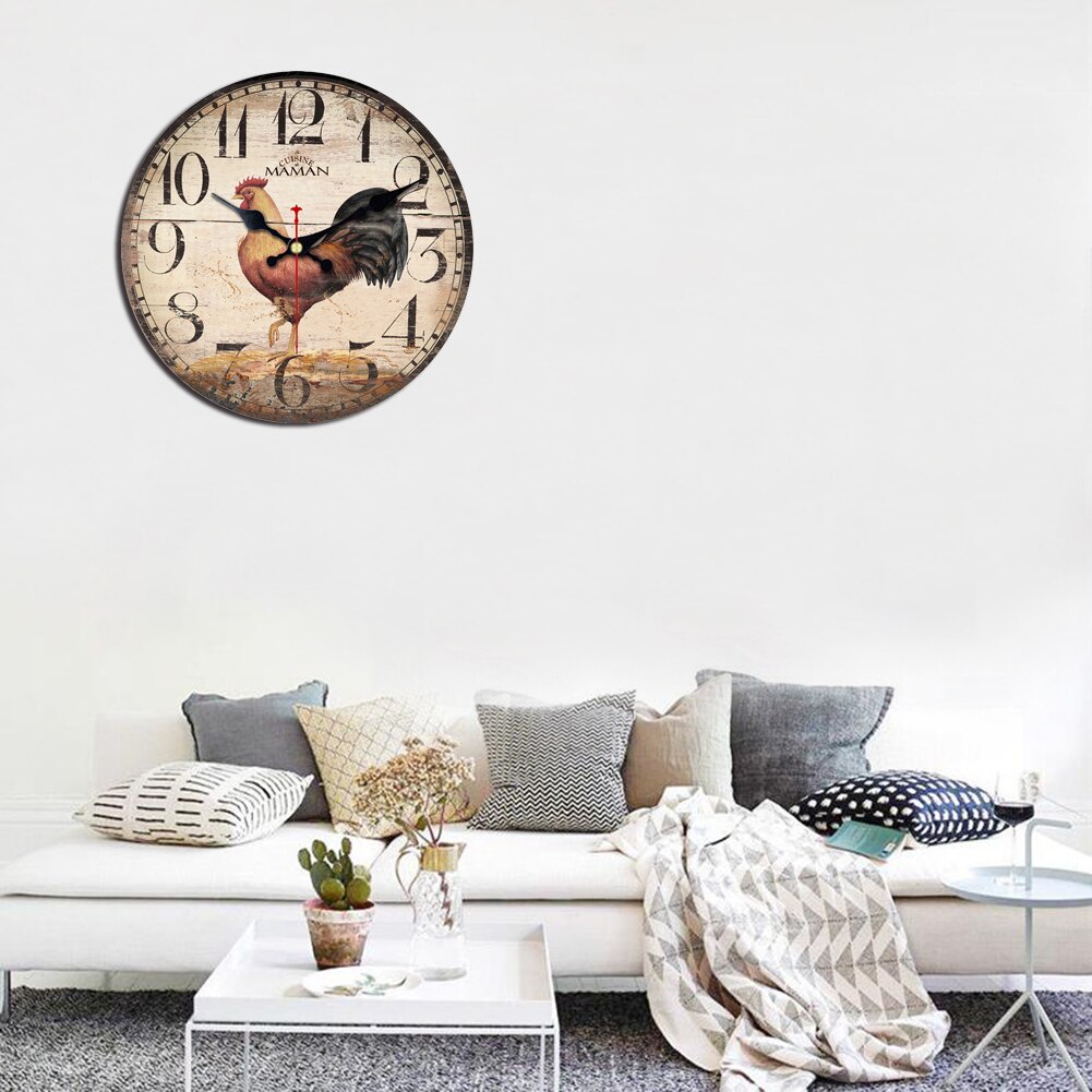 Wooden Wall Clock Cusine Maman Cock Clock Retro Vintage Large Clock Silent Quiet Rooster Non -Ticking Wall Clock Wood