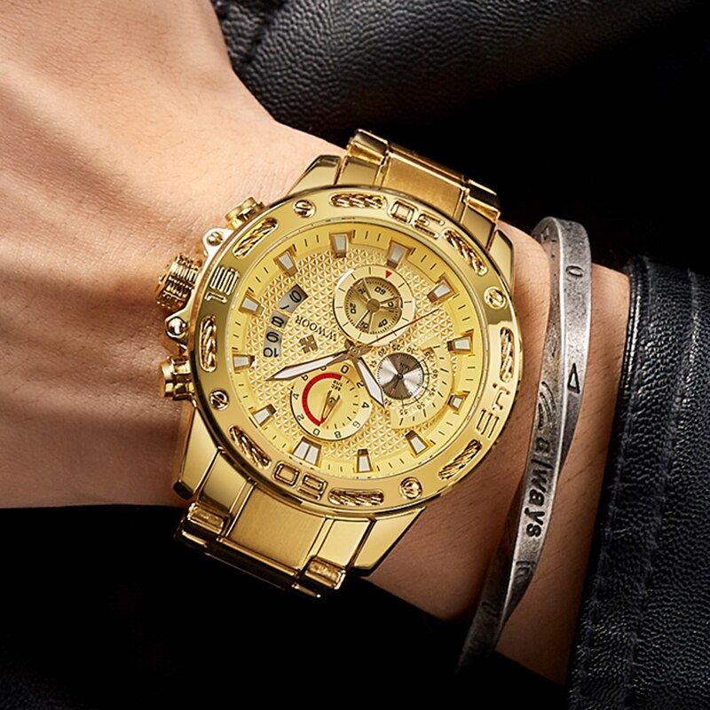 Relojes WWOOR para hombre, superior, de lujo, reloj de cuarzo de acero inoxidable dorado, cronógrafo deportivo resistente al agua para hombre, reloj Masculino