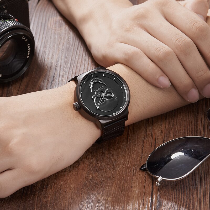 GIMTO-relojes casuales de acero inoxidable para hombre, reloj de pulsera masculino de cuarzo, con de calavera dorada, color negro